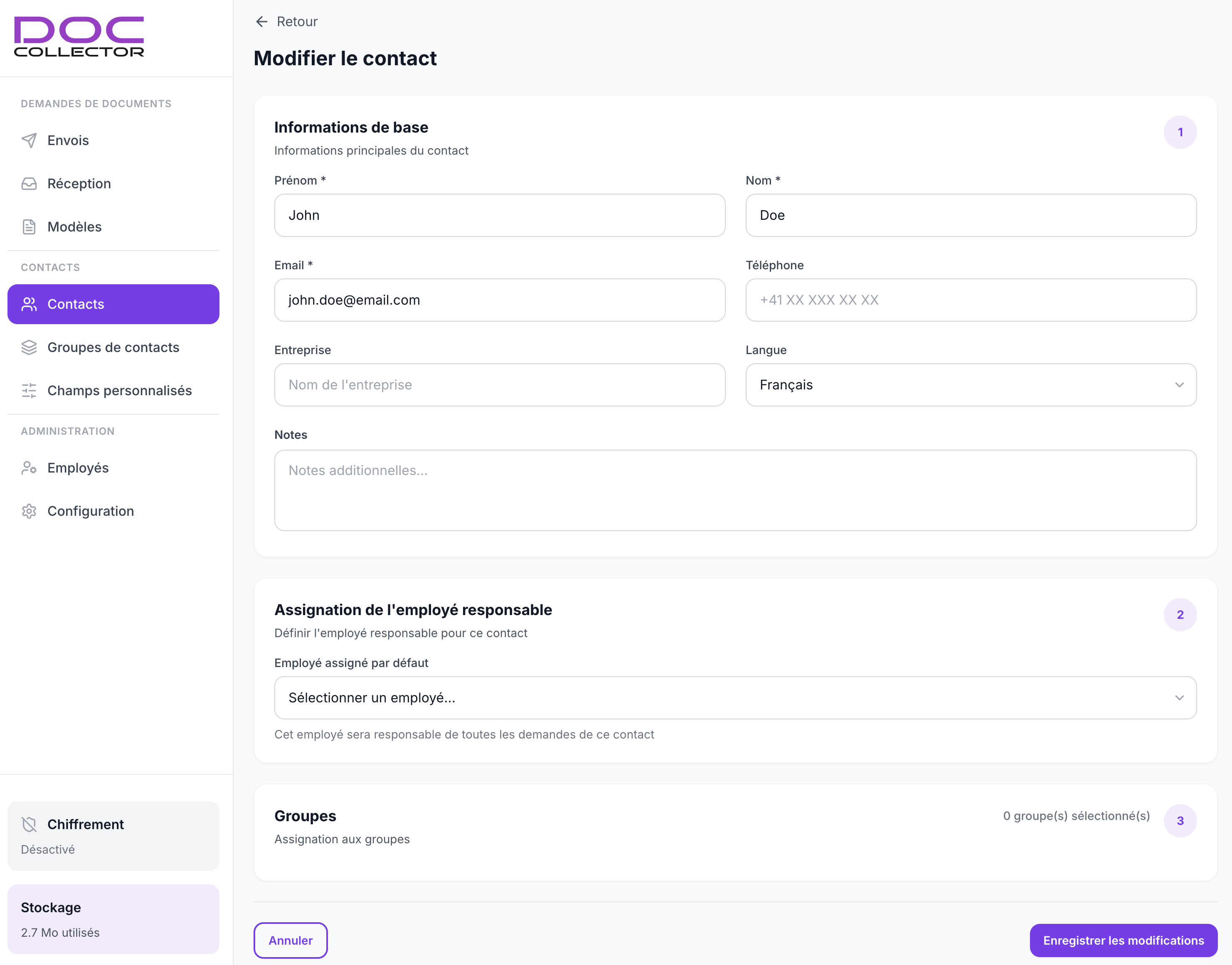 Gestion des contacts DocCollector
